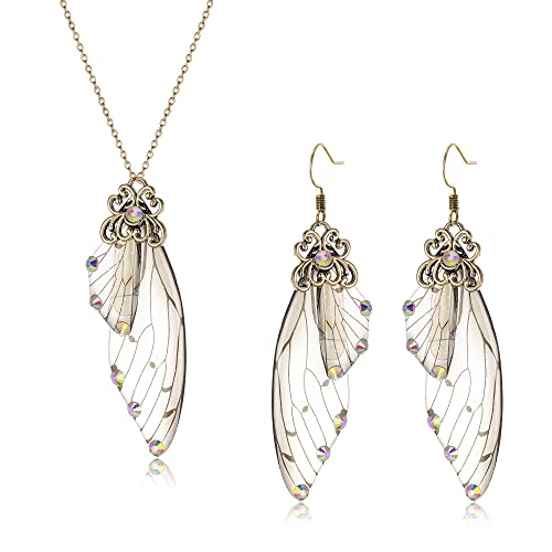 Clearine Schmuckset mit Schmetterling Flügeln Simulation Insekten Feenflügel Anhänger Halskette und Ohrringe Set für Damen Iridescent AB Antiqued Gold-Tone von Clearine