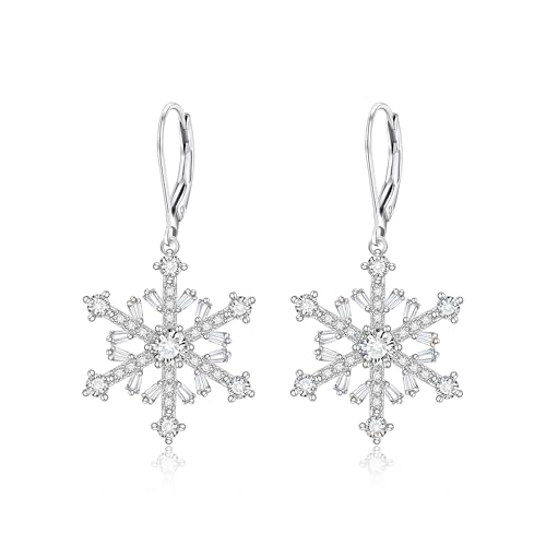 Clearine Schneeflocke Ohrringe mit 925 Sterling Silber Post, funkelnde Cubic Zirkonia Leverback Tropfen Baumeln Ohrring Winterurlaub Festival Schmuck Geschenk für Damen klar Silber-Ton von Clearine