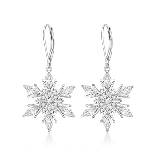 Clearine Schneeflocke Ohrringe mit 925 Sterling Silber Post, funkelnde Marquise Cubic Zirkonia Leverback Drop Dangle Ohrring Winter Urlaub Festival Schmuck Geschenk für Frauen klar Silber-Ton von Clearine