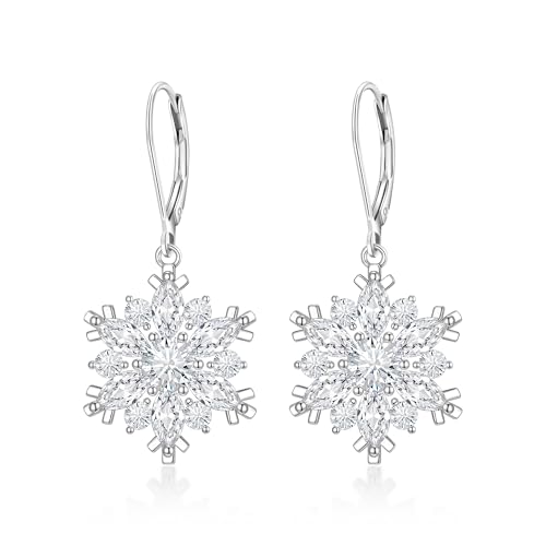 Clearine Schneeflocke Ohrringe mit 925 Sterling Silber Post, funkelnde Runde Cubic Zirkonia Cluster Blume Leverback Tropfen Baumeln Ohrring Winter Festival Schmuck Geschenk für Damen klar Silber-Ton von Clearine