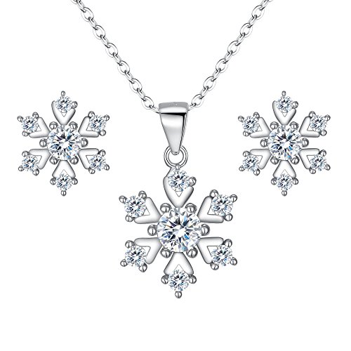 Clearine Schneeflocke Schmuckset 925 Sterling Silber Cubic Zirconia Schneeflocken Form Anhänger Halskette und Ohrstecker Set Klar von Clearine