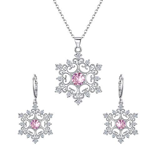 Clearine Schneeflocke Schmuckset Vintage Zirkonia Winter Schnee Statement Anhänger Halskette und Ohrringe Kostüm Schmuck Set Rosa Edelstein von Clearine