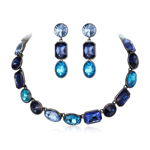 Clearine Smaragd Schnitt Oval Strass Cluster Statement Halskette und baumeln Ohrringe Schmuck-Set für Damen Mädchen Kostüm Party Prom Blau Schwarz-Ton von Clearine