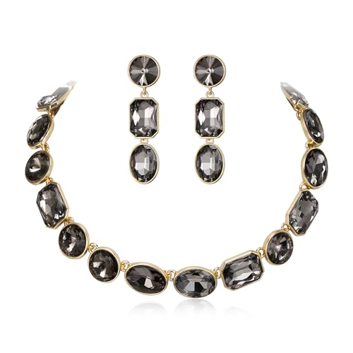 Clearine Smaragd Schnitt Oval Strass Cluster Statement Halskette und baumeln Ohrringe Schmuck-Set für Damen Mädchen Kostüm Party Prom Grau Gold-Ton von Clearine