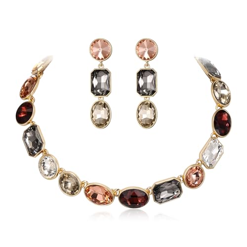 Clearine Smaragd Schnitt Oval Strass Cluster Statement Halskette und baumeln Ohrringe Schmuck-Set für Damen Mädchen Kostüm Party Prom Pfirsich-Rose Gold-Ton von Clearine