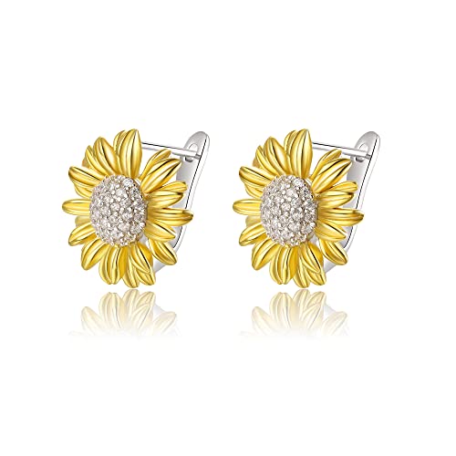Clearine Sonnenblumen Creolen 14 Karat vergoldet 925 Sterlingsilber Zirkonia Dianty winzige Blumen Ohrringe für Damen Mädchen von Clearine