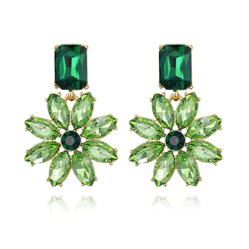 Clearine Sparkle Bling Rhinestone Marquise Smaragd Schliff Cluster Blume Ohrringe für Damen Sommer Partei Schmuck Grün Gold-Tone von Clearine