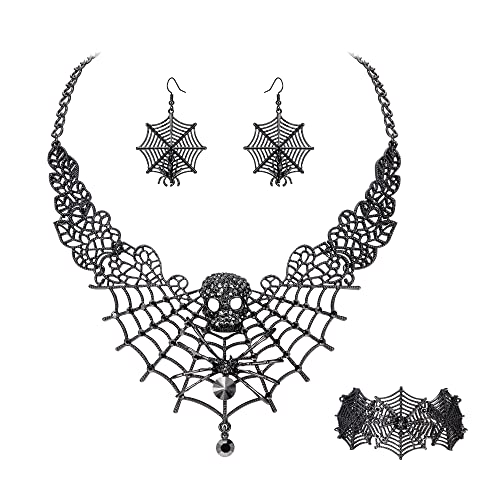 Clearine Spinne Halskette Ohrringe Set Spinnweben Gothic Totenkopf Kristall Anhänger Halsband Schmuckset für Damen Schwarz Schwarz-Ton von Clearine