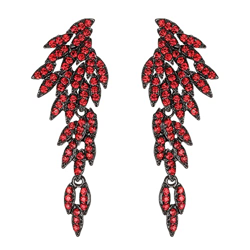 Clearine Statement Ohrringe Art Deco Blatt Cluster baumeln Kronleuchter lange Tropfen Ohrstecker für Damen Rubin-Rot Schwarz-Ton von Clearine