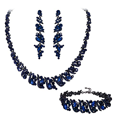 Clearine Statement Schmuckset Damen Hochzeit Braut Kristall Cluster Halskette Kragen Choker, Baumeln Ohrringe und Armkette Set Schwarz Silber-Tone (Navy Blau Schwarz-Tone) von Clearine