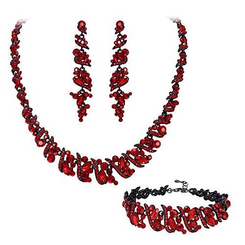 Clearine Statement Schmuckset Damen Hochzeit Braut Kristall Cluster Halskette Kragen Choker, Baumeln Ohrringe und Armkette Set Schwarz Silber-Tone (Rot Schwarz-Ton) von Clearine