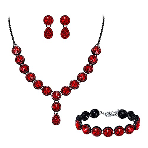 Clearine Statement Schmuckset Damen Hochzeit Braut Kristall Cluster Halskette Kragen Choker, Baumeln Ohrringe und Armkette Set Rubin-Rot Schwarz-Ton von Clearine