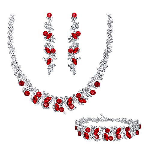 Clearine Statement Schmuckset Damen Hochzeit Braut Kristall Cluster Halskette Kragen Choker, Baumeln Ohrringe und Armkette Set Schwarz Silber-Tone (Rubin-Rot Silber-Tone) von Clearine