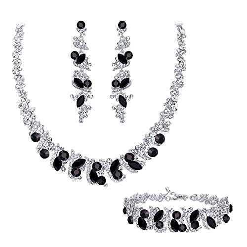 Clearine Statement Schmuckset Damen Hochzeit Braut Kristall Cluster Halskette Kragen Choker, Baumeln Ohrringe und Armkette Set Schwarz Silber-Tone (Schwarz Silber-Tone) von Clearine