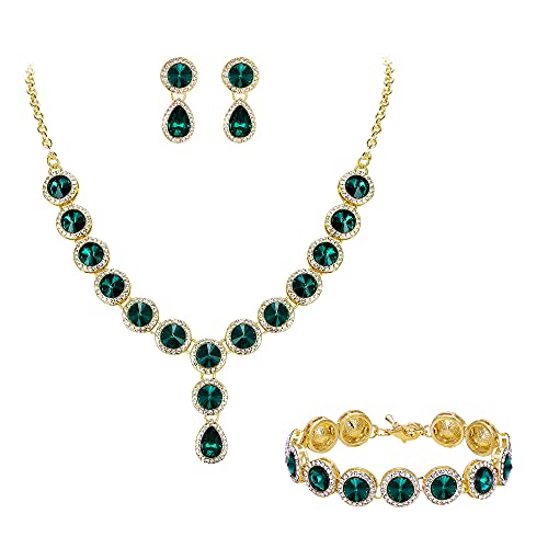 Clearine Statement Schmuckset Damen Hochzeit Braut Kristall Cluster Halskette Kragen Choker, Baumeln Ohrringe und Armkette Set Smaragd-Grün Gold-Ton von Clearine