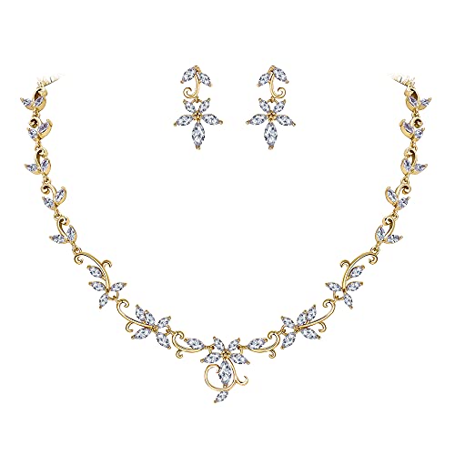 Clearine Statment Schmuckset Damen Hochzeit Braut Marquise Cubic Zirconia Blatt Blume Filigrane Halskette und Ohrhänger Set Klar Gold-Tone von Clearine