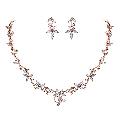 Clearine Statment Schmuckset Damen Hochzeit Braut Marquise Cubic Zirconia Blatt Blume Filigrane Halskette und Ohrhänger Set Klar Rose-Gold-Tone von Clearine