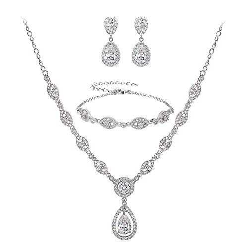 Clearine Statment Schmuckset Damen Hochzeit Cubic Zirkonia Tropfen Y-Halskette Kette, Armband und Ohrhänger Set Klar Silber-Ton von Clearine