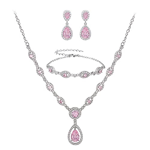 Clearine Statment Schmuckset Damen Hochzeit Cubic Zirkonia Tropfen Y-Halskette Kette, Armband und Ohrhänger Set Rosa Silber-Tone von Clearine