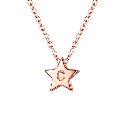 Clearine Stern Buchstabe Halskette 925 Initial Minimalist mit Mini Winzig Pentagram Star Anhänger C mit Liebe Herz Rückseite für Damen Mädschen RosaGold Ton von Clearine