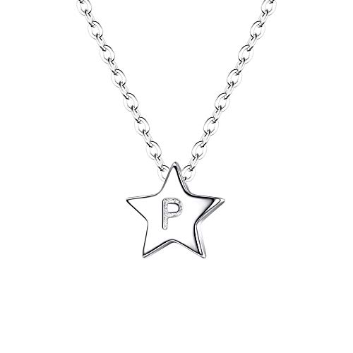 Clearine Stern Buchstabe Halskette 925 Sterling Silber Initial Minimalist mit Stern Mini Winzig Pentagram Star Anhänger Buchstabe P mit Liebe Herz Rückseite für Damen Mädschen Rosa Gold-Ton von Clearine