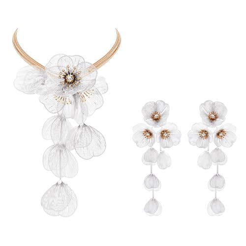 Clearine Strang Blume Halskette für Damen florale Anweisung Kragen Lätzchen Halsketten baumeln Ohrringe Set für Sommer Strand Urlaub Kostüm Prom Schmuck irisierenden AB Gold Ton von Clearine
