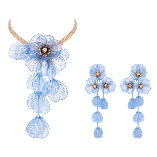 Clearine Strang Blume Halskette für Damen glänzend Chic Floral Anweisung Kragen Lätzchen Halsketten baumeln Ohrringe Set für Sommer Strand Urlaub Kostüm Prom Schmuck Blau von Clearine
