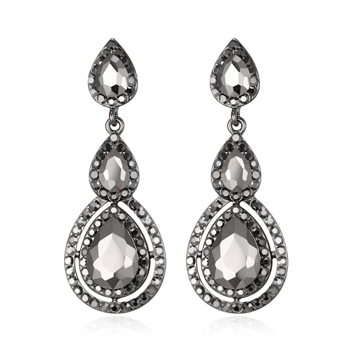 Clearine Strass 3 Teardrop Ohrringe für Damen Braut Hochzeit Party Prom Hell Schwarz Silber-Ton von Clearine