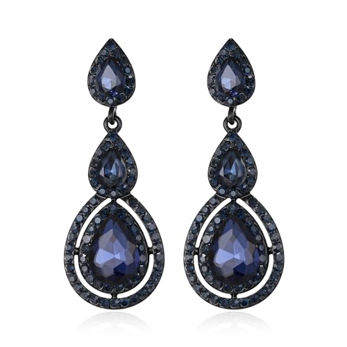 Clearine Strass 3 Teardrop Ohrringe für Damen Braut Hochzeit Party Prom Sapphire-Blau Schwarz-Ton von Clearine