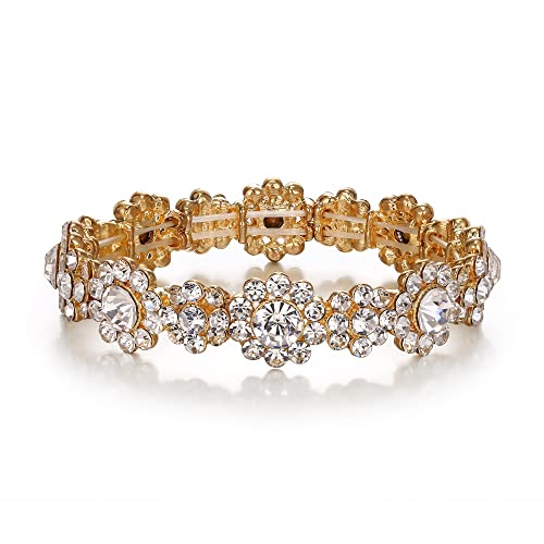Clearine Strass Armband Kristall Blume Stretch Armreif Hochzeitsschmuck für Abschlussball Party Klar Gold-Ton von Clearine