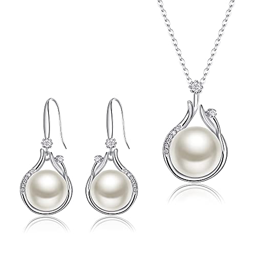 Clearine Süßwasserperlen Schmuckset 925 Sterling Silber Perle Zirkonia Anhänger Halskette und Baumeln Haken Ohrringe Einreihig Schmuck Set für Hochzeit Braut Party von Clearine