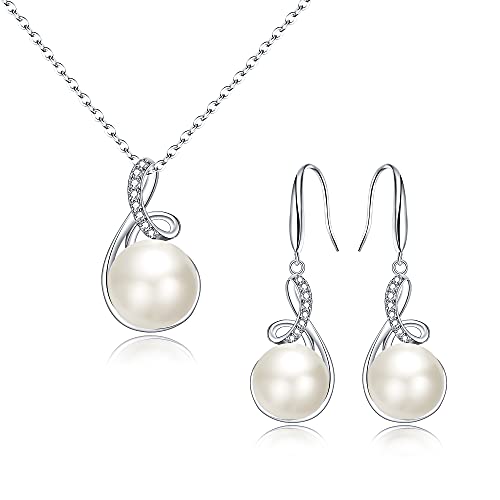 Clearine Süßwasserperlen Schmuckset 925 Sterling Silber Perle Zirkonia Anhänger Halskette und Baumeln Haken Ohrringe Set für Hochzeit Braut Party von Clearine