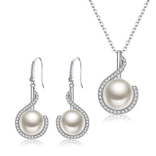 Clearine Süßwasserperlen Schmuckset 925 Sterling Silber Perle Zirkonia Anhänger Halskette und baumeln Haken Ohrringe Völlig Schmuck-Set für Hochzeit Braut Party von Clearine