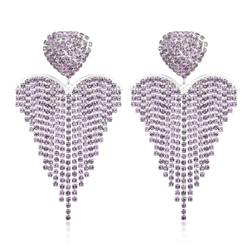 Clearine Tassel Strass Herz baumelnden Ohrringe für Damen Mode lange Kronleuchter funkelnden Kristall Quaste baumeln Tropfen für Hochzeit Party Prom Licht lila Silber Ton von Clearine