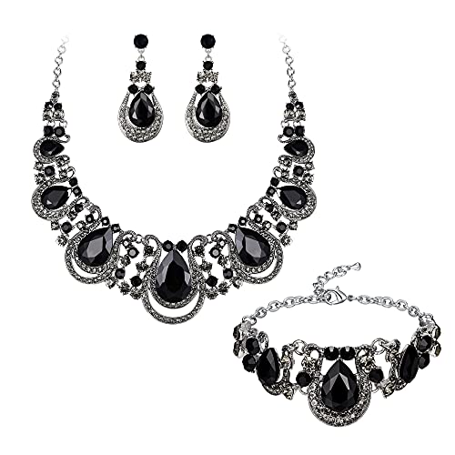 Clearine Teardrop Statement Schmuckset Kristall Halskette und Cluster Hohle Ohrringe Armband Set für Hochzeit Braut Brautjungfer Schwarz Silber-Ton von Clearine