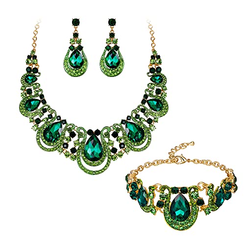 Clearine Teardrop Statement Schmuckset Kristall Halskette und Cluster Hohle Ohrringe Armband Set für Hochzeit Braut Brautjungfer Smaragd-Grün Gold-Ton von Clearine