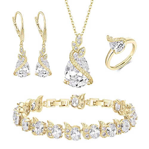 Clearine Teardrop Zirkonia Schmuck-Set für Outfit Halskette, Leverback Ohrringe Tennis Armband und einstellbare Ring Set Geschenk für Geburtstag/Valentinstag/Weihnachten Klar Gold-Ton von Clearine