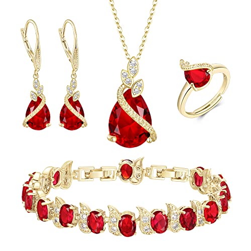 Clearine Teardrop Zirkonia Schmuck-Set für Outfit Halskette, Leverback Ohrringe Tennis Armband und einstellbare Ring Set Geschenk für Geburtstag/Valentinstag/Weihnachten Rubin-Gold-Ton von Clearine