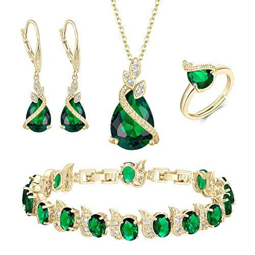 Clearine Teardrop Zirkonia Schmuck-Set für Outfit Halskette, Leverback Ohrringe Tennis Armband und einstellbare Ring Set Geschenk für Geburtstag/Valentinstag/Weihnachten Smaragdfarben Gold-Ton von Clearine