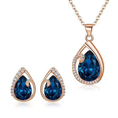 Clearine Träne Halskette und Ohrringe Set Hochzeit Braut Teardrop österreichischen Kristall Cubic Zirconia zierliche Anhänger Schmuck-Set für Damen Saphir-Blau Rosegold-Ton von Clearine