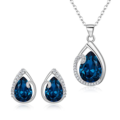 Clearine Träne Halskette und Ohrringe Set Hochzeit Braut Teardrop österreichischen Kristall Cubic Zirconia zierliche Anhänger Schmuck-Set für Damen Saphir-Blau Silber-Ton von Clearine