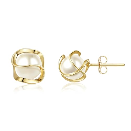 Clearine Trendy Gold Pearl Pierced Ohrringe für Damen, klassische Mode Runde Käfig kleine simulierte Perle Ohrstecker Brautschmuck von Clearine