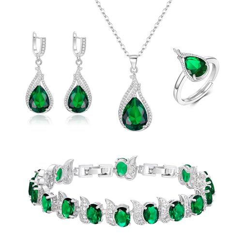 Clearine Sparkling Teardrop Emerald Cubic Zirconia Anhänger Halskette Tropfen Ohrringe Tennis Armband Verstellbarer Ring Silber Brautschmuck für Hochzeit/Geburtstag/Valentinstag/Muttertag/Weihnachten von Clearine
