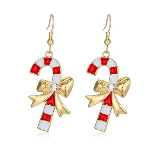 Clearine Weihnachten Ohrringe für Damen Glänzend Strass Süßigkeiten Krücke Schleife Knoten Hängen Ohrring Weihnachtsfest Dekor Urlaub Party Schmuck Geschenk Gold-Tone von Clearine