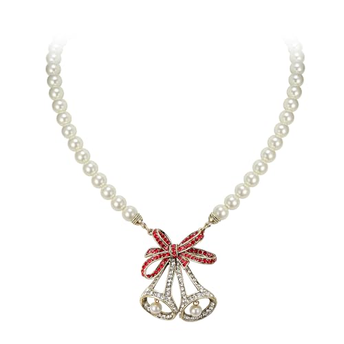 Clearine Weihnachten Vintage Jingle Bell simulierte Perlen Anweisung Halsband Halskette Weihnachtsfest Party Schmuck Geschenk für Damen von Clearine