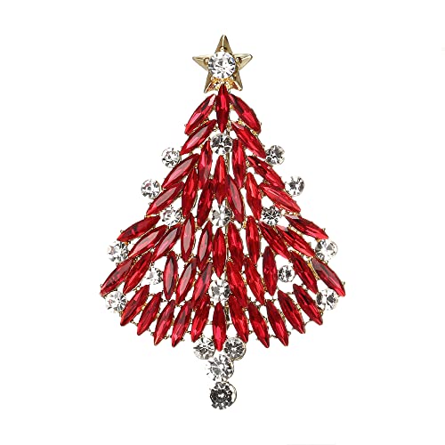 Clearine Weihnachtsbaum Brosche für Damen Funkelnde Marquise-Strass Pin für Kleidung Weihnachten Rubin-Rot Gold-Tone von Clearine