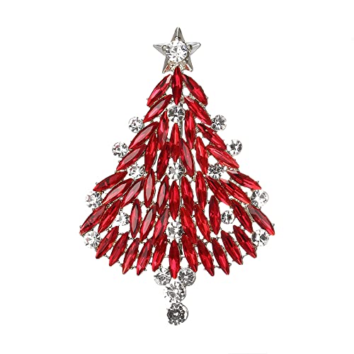 Clearine Weihnachtsbaum Brosche für Damen Funkelnde Marquise-Strass Pin für Kleidung Weihnachten Rubin-Rot Silber-Ton von Clearine
