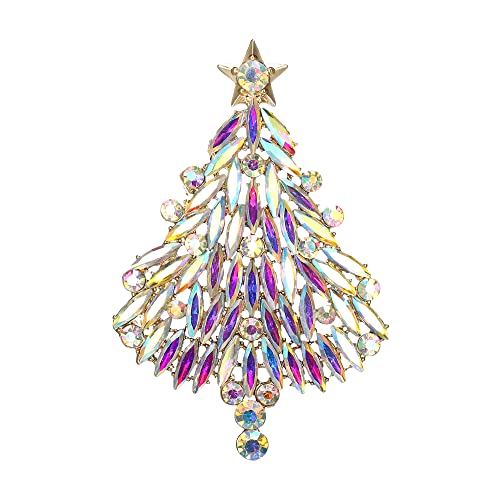 Clearine Weihnachtsbaum Brosche für Damen Funkelnde Marquise-Strass Pin für Kleidung Weihnachten Schillernder Klar AB Gold-Ton von Clearine