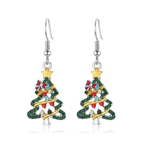 Clearine Weihnachtsbaum Ohrringe für Damen Glänzend Strass Niedlich Schleife Knoten Hängen Ohrring Weihnachtsfest Dekoration Urlaub Party Schmuck Geschenk Silber-Ton von Clearine