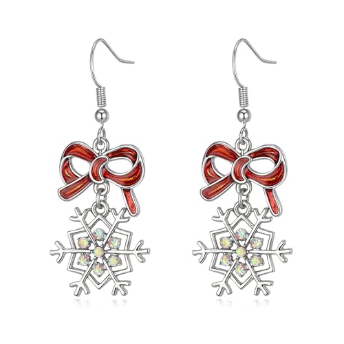 Clearine Weihnachtsohrringe für Damen Glänzende Strasssteine Niedliche Schleife Schneeflöckchen Hängen Ohrring Weihnachtsfest Dekor Urlaub Party Schmuck Geschenk Irisierend AB Silber-Ton von Clearine